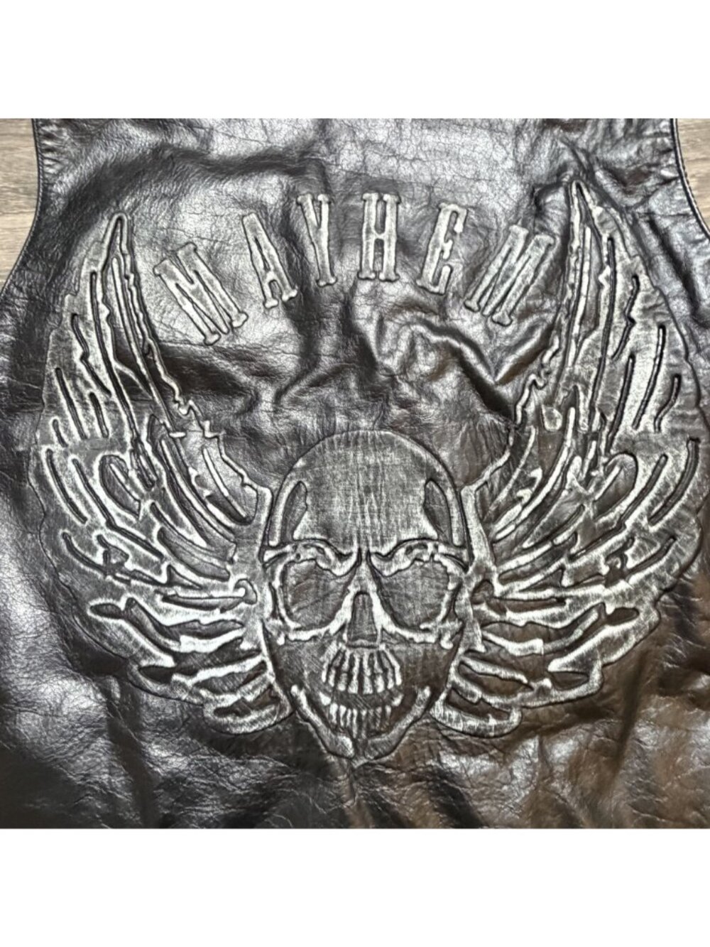 Vintage Xelement Motorcycle Leather Vest Black XL Mayhem Skull Wings Side Laces - Picture 14 of 14